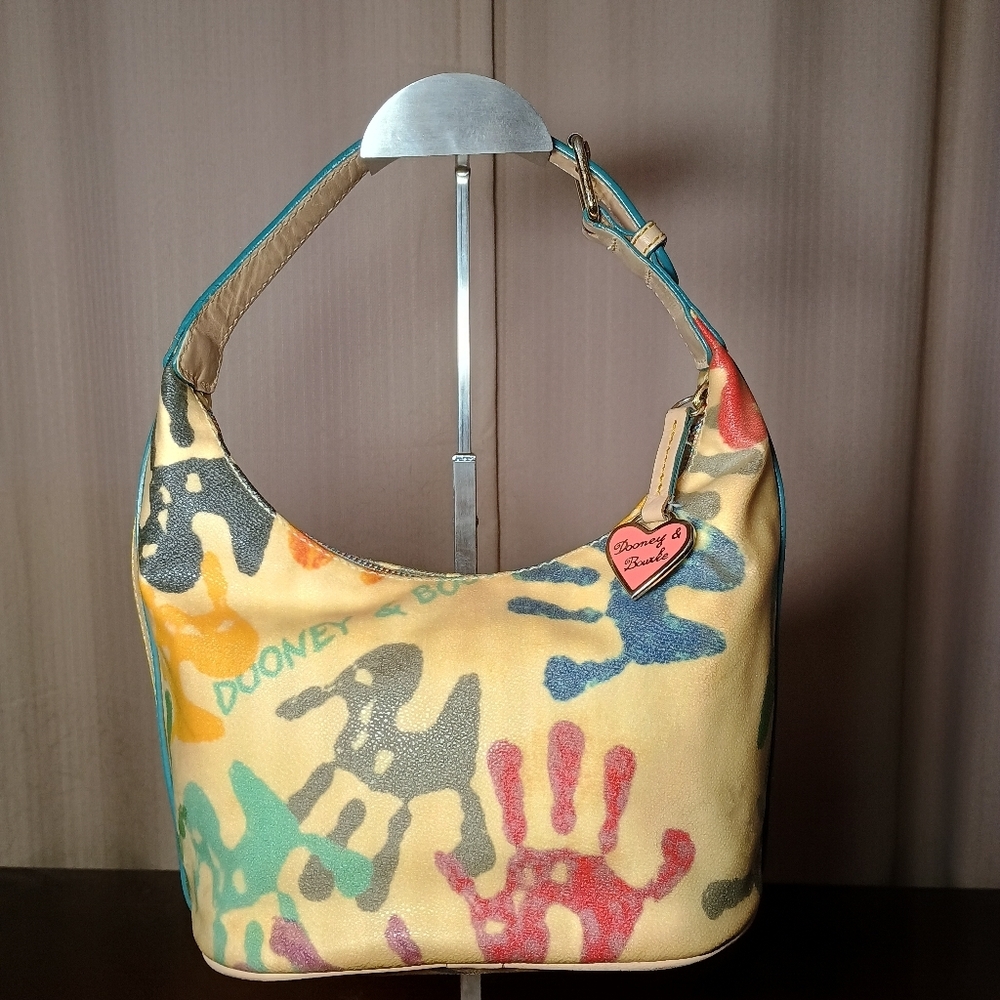 Dooney & Bourke Handprint Hobo Bag Multicolor Canvas Leather Trim Y2K